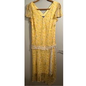 Yellow Floral V-Neck Midi Dress with Tie Drop Waist